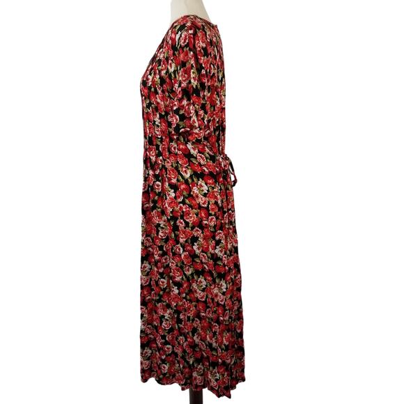 J.B.S Ltd Red Black Green Floral Tie Waist Vintage Midi Dress Very Good Size 12 - Picture 2 of 4